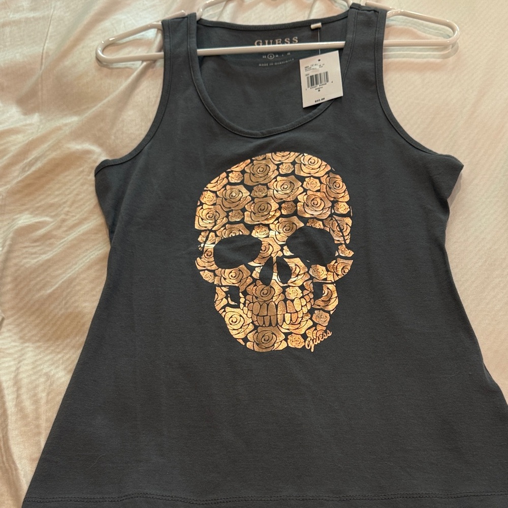 Guess Black Tank with Gold Floral Skull Design